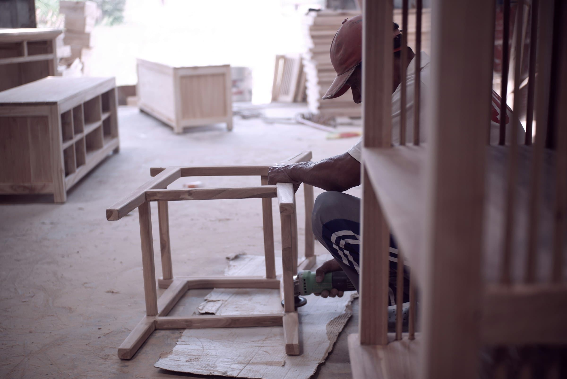 Wooden chair frames being assembled in a furniture workshop