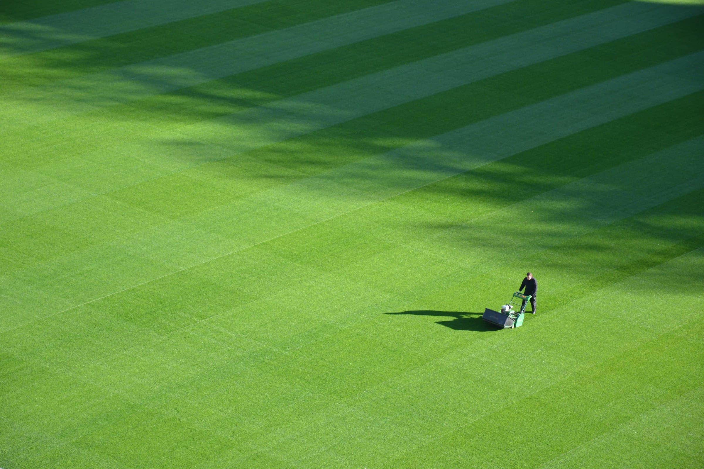 A lone mower cutting stripes across a wide lawn, seen from above